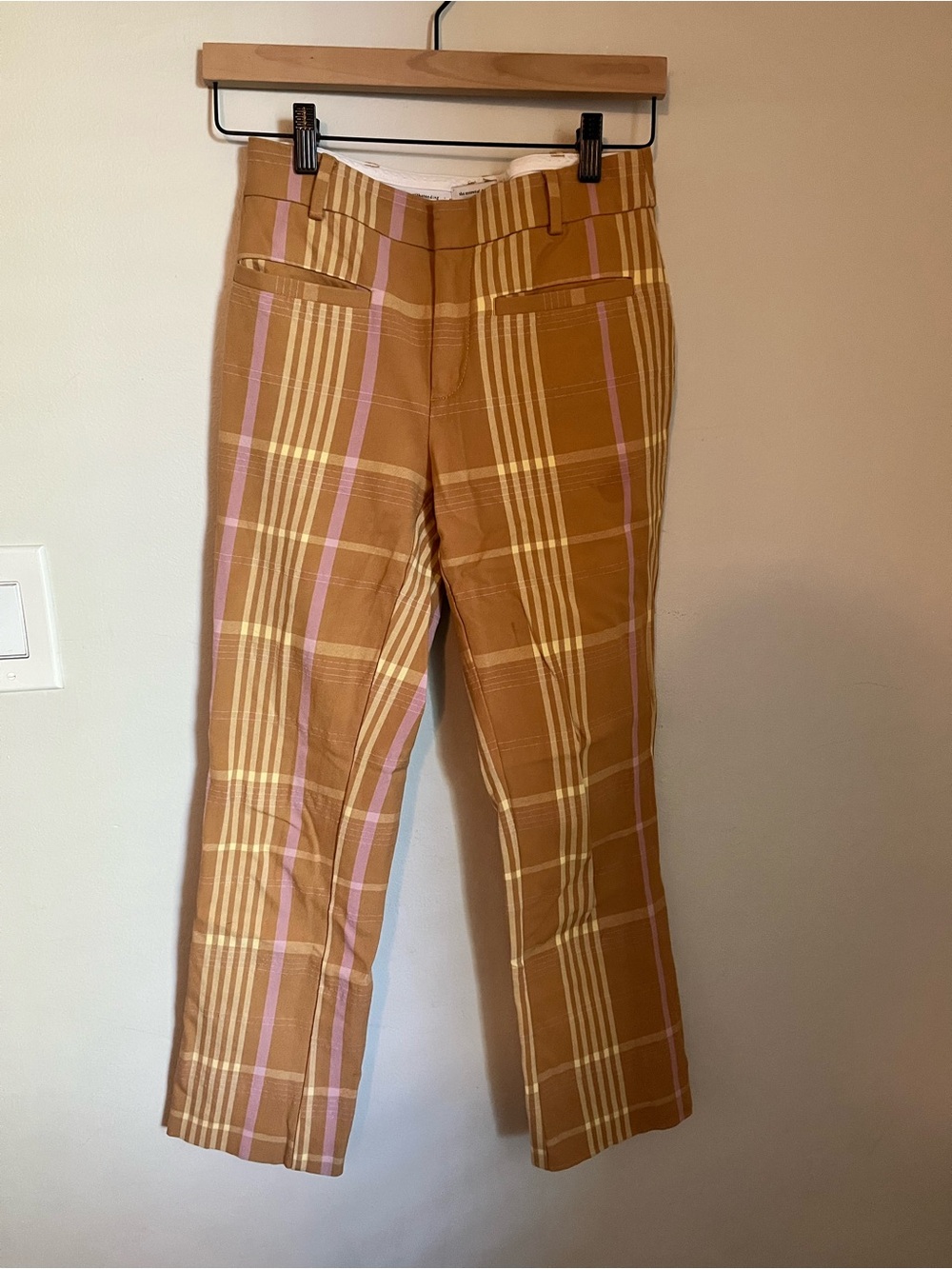 Anthropologie Essential collection Plaid Mustard Brown Trousers with Pink